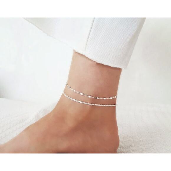 Real Silver Rope Ankle Bracelet, 925 Sterling Curb Anklet, Figaro, Herringbone - Picture 1 of 10